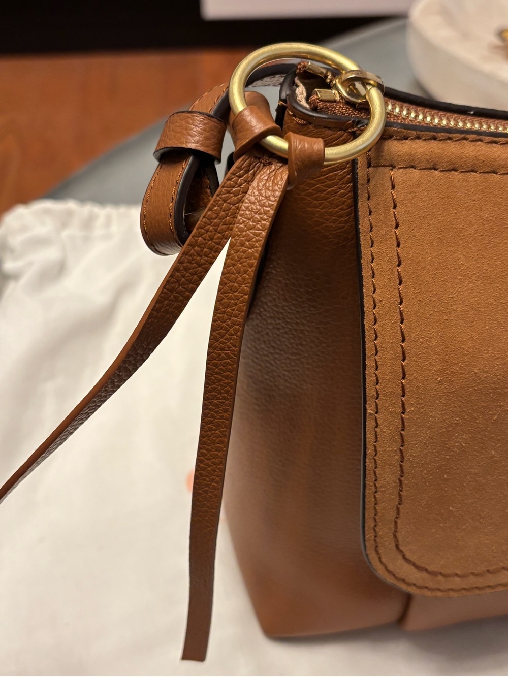 See By Chloe Cognac Leather & Suede Shoulder Bag with Gold Ring - Picture 6 of 7